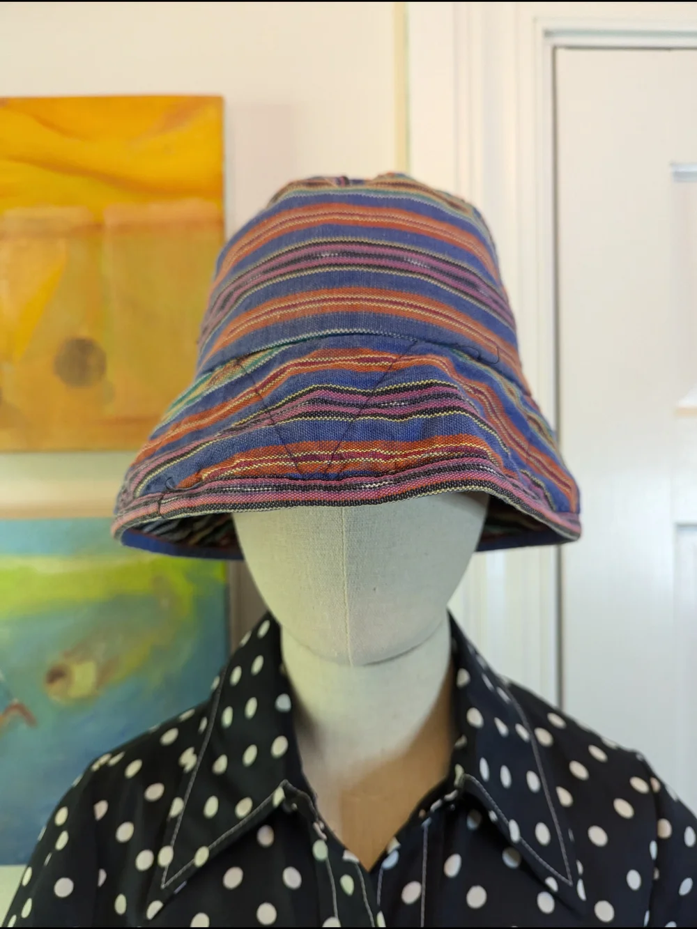 Vintage 1990s Reversible Bucket Hat - Multicolored Ikat Fabric